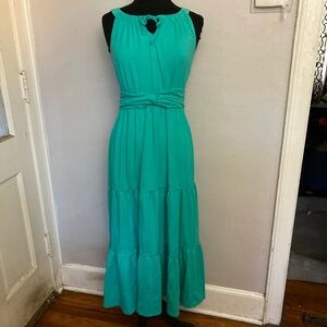 8-29 Talbots Green maxi Dress Tiered Full Halter PM petite Medium
